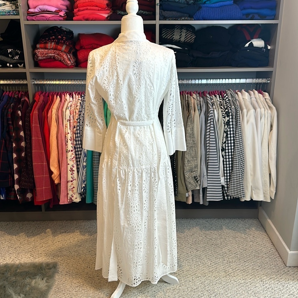 Zara white eyelet 3/4 quarter length sleeve tie waist button down dress S NWT - Picture 3 of 3